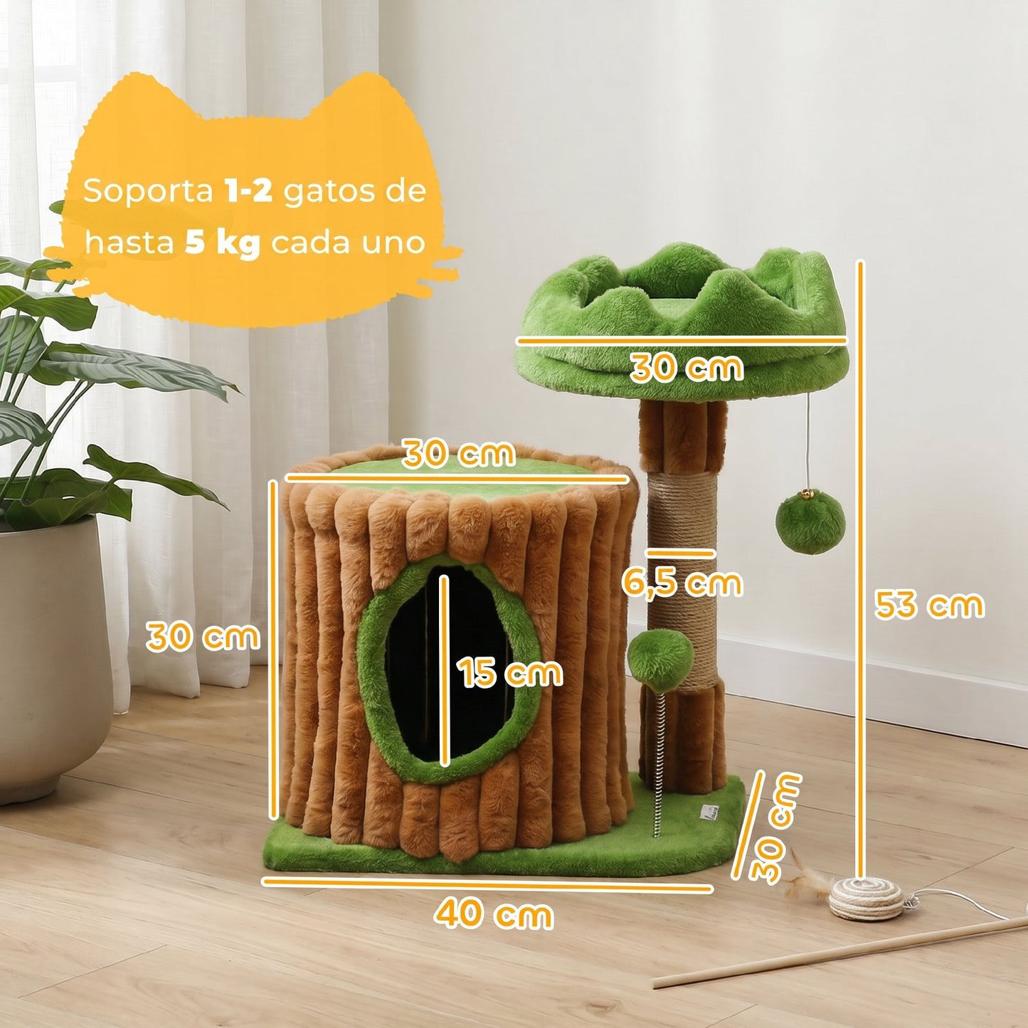 Pawhut Árbol Rascador Para Gatos 53 Cm Casita Cama Poste Bolas Marrón Y Verde_2