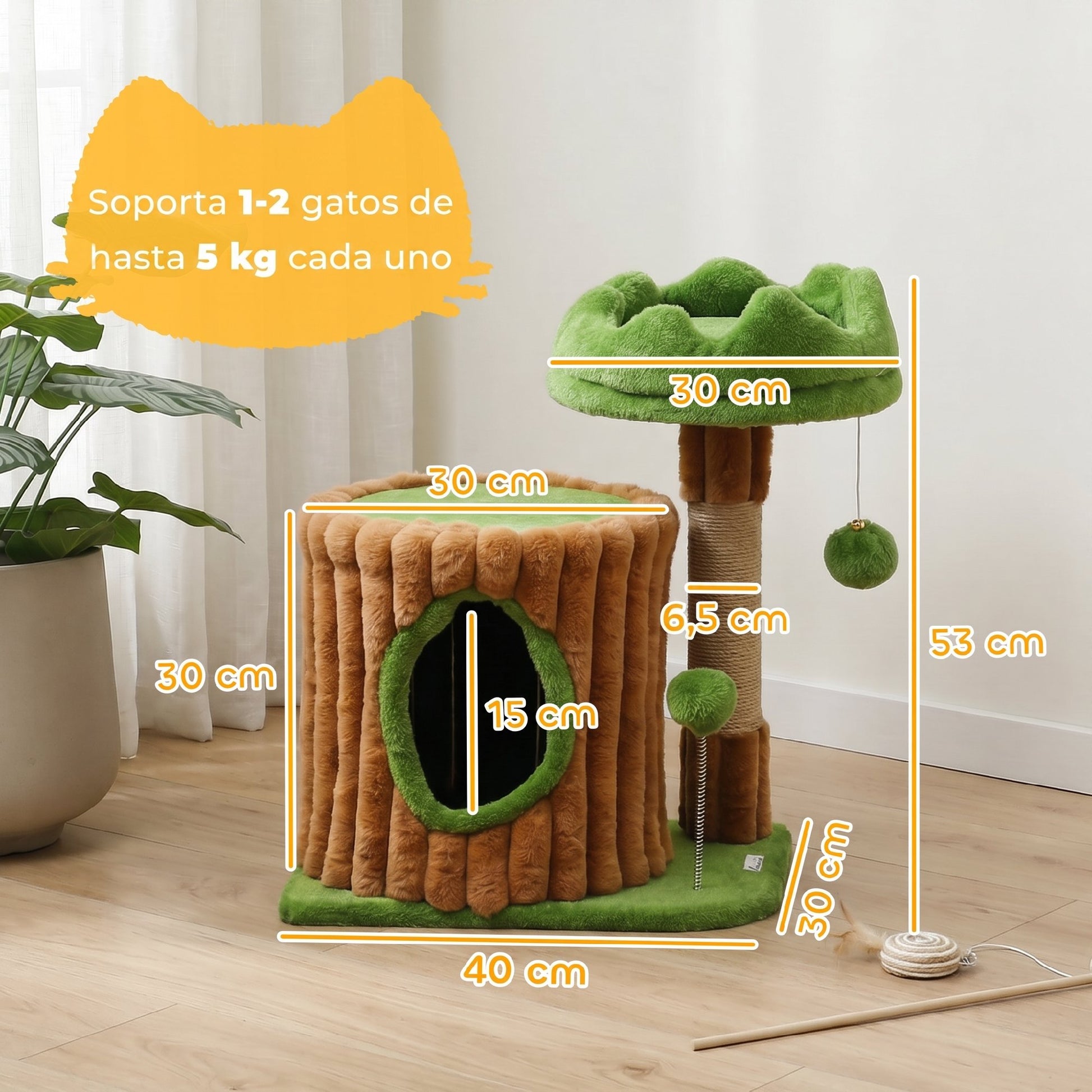 Pawhut Árbol Rascador Para Gatos 53 Cm Casita Cama Poste Bolas Marrón Y Verde_2