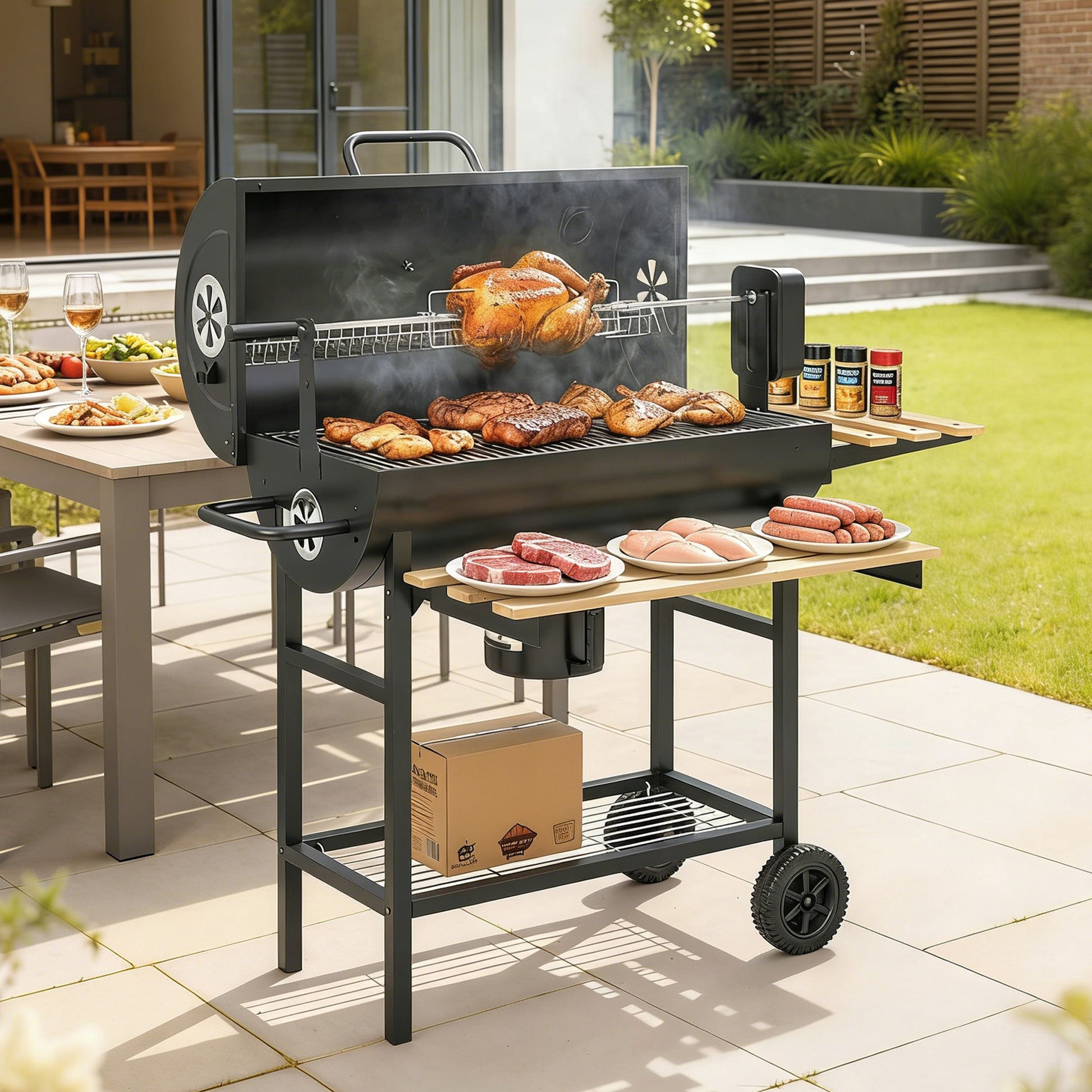 Outsunny Barbacoa De Carbón Portátil Con Asador Eléctrico Estantes Plegables_1