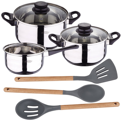 Pack Batería De Cocina 5 Piezas + Set De 3pc Utensilios De Cocina De Silicona Y Madera