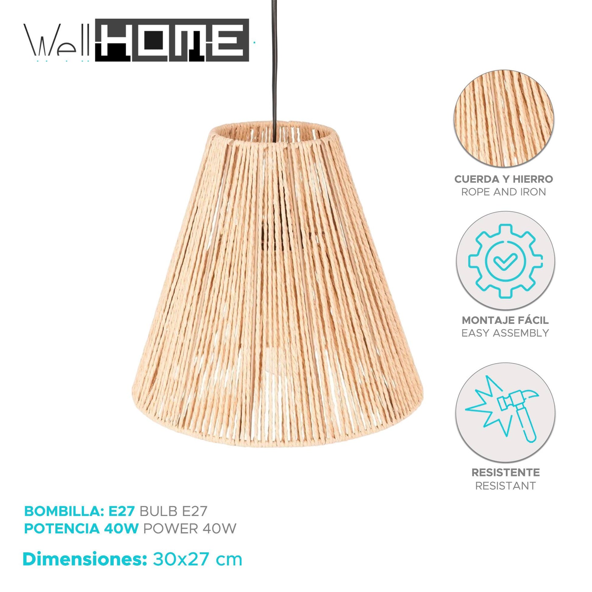 Well Home Lámpara De Techo De Suspensión De Cuerda Etnik Ø30x27cm