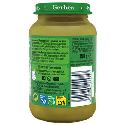 Tarrito de puré ecológico para bebés con Brócoli, Guisantes y Pavo Gerber 190 g GERBER Organic Brócoli Guisantes Pavo