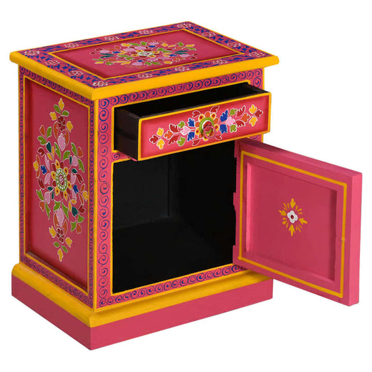 Mesita De Noche De Madera Maciza De Mango Rosa Pintada A Mano_0