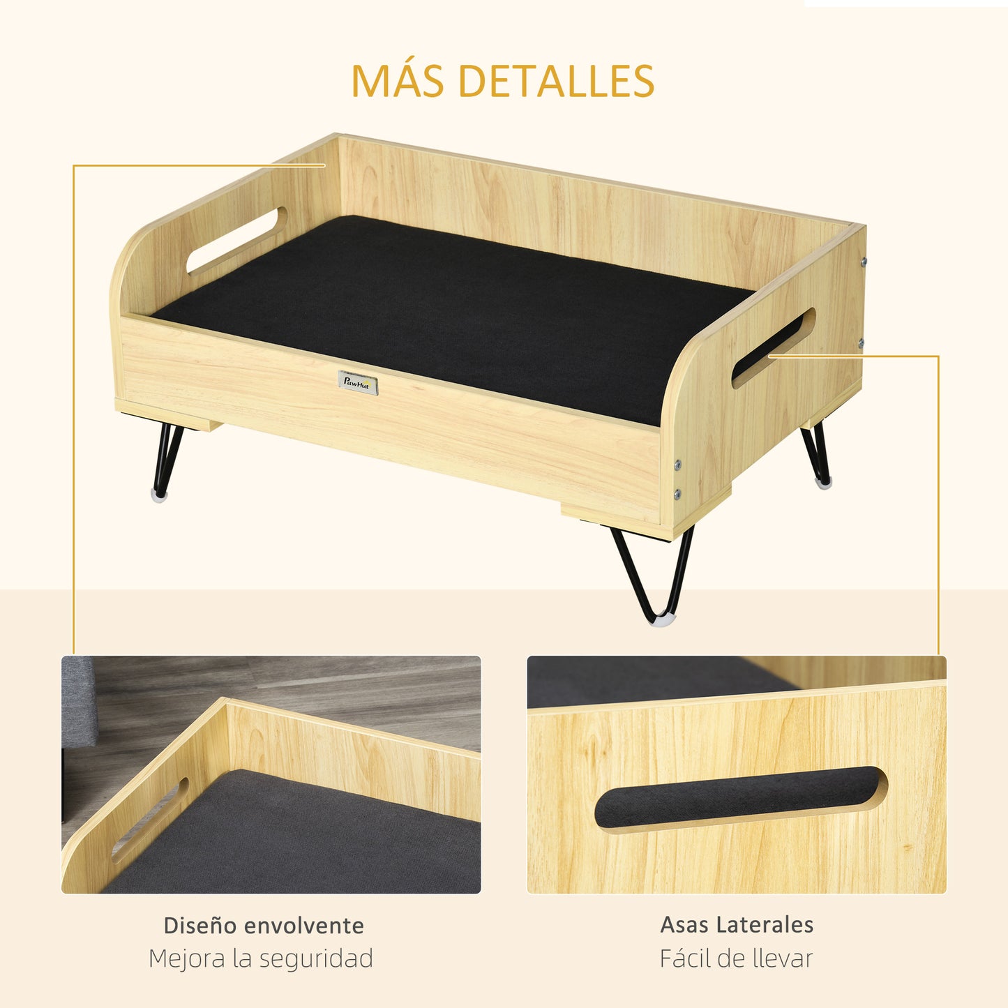 Pawhut Cama De Madera Para Perros Con Cojín Acolchado Patas De Acero 70x45x32 Cm_5