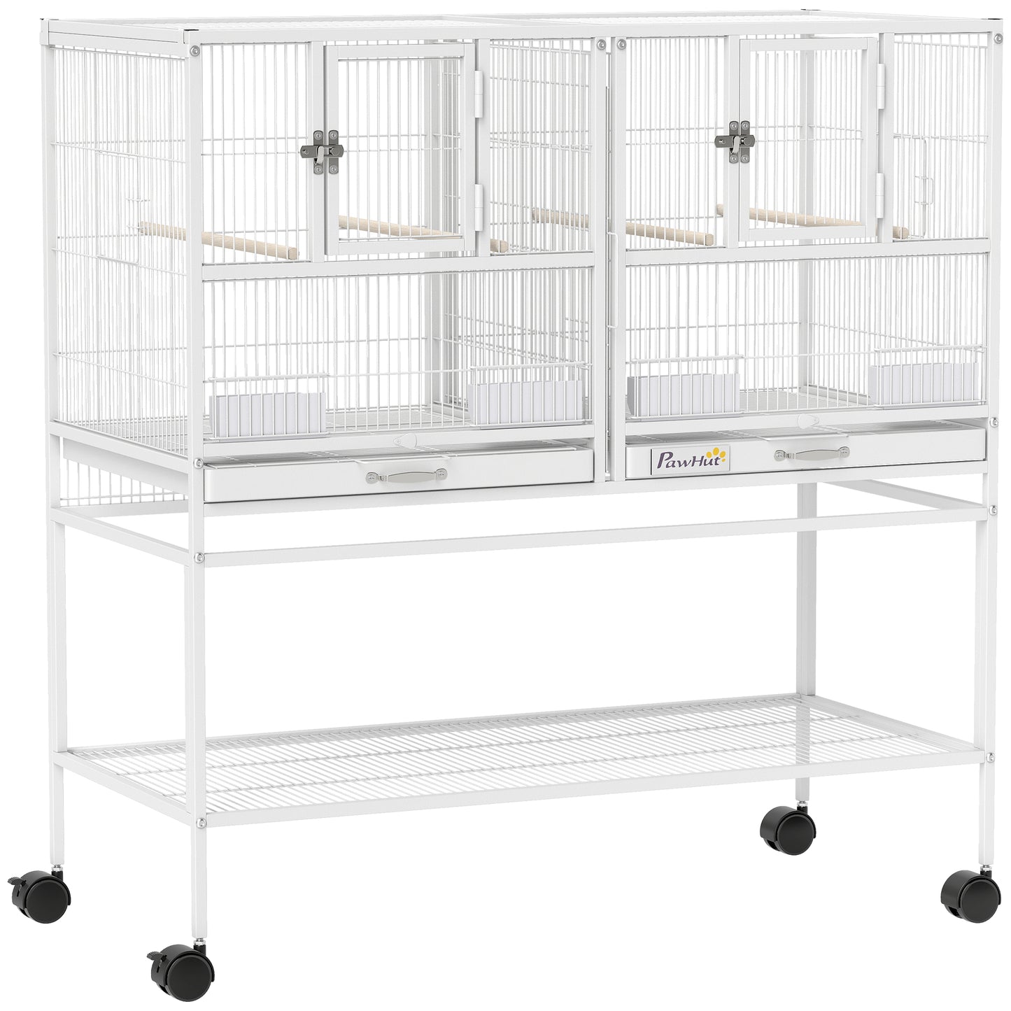 Pawhut Jaula Para Pájaros Con Ruedas Comederos Estante 95x45,5x102 Cm Blanco_0