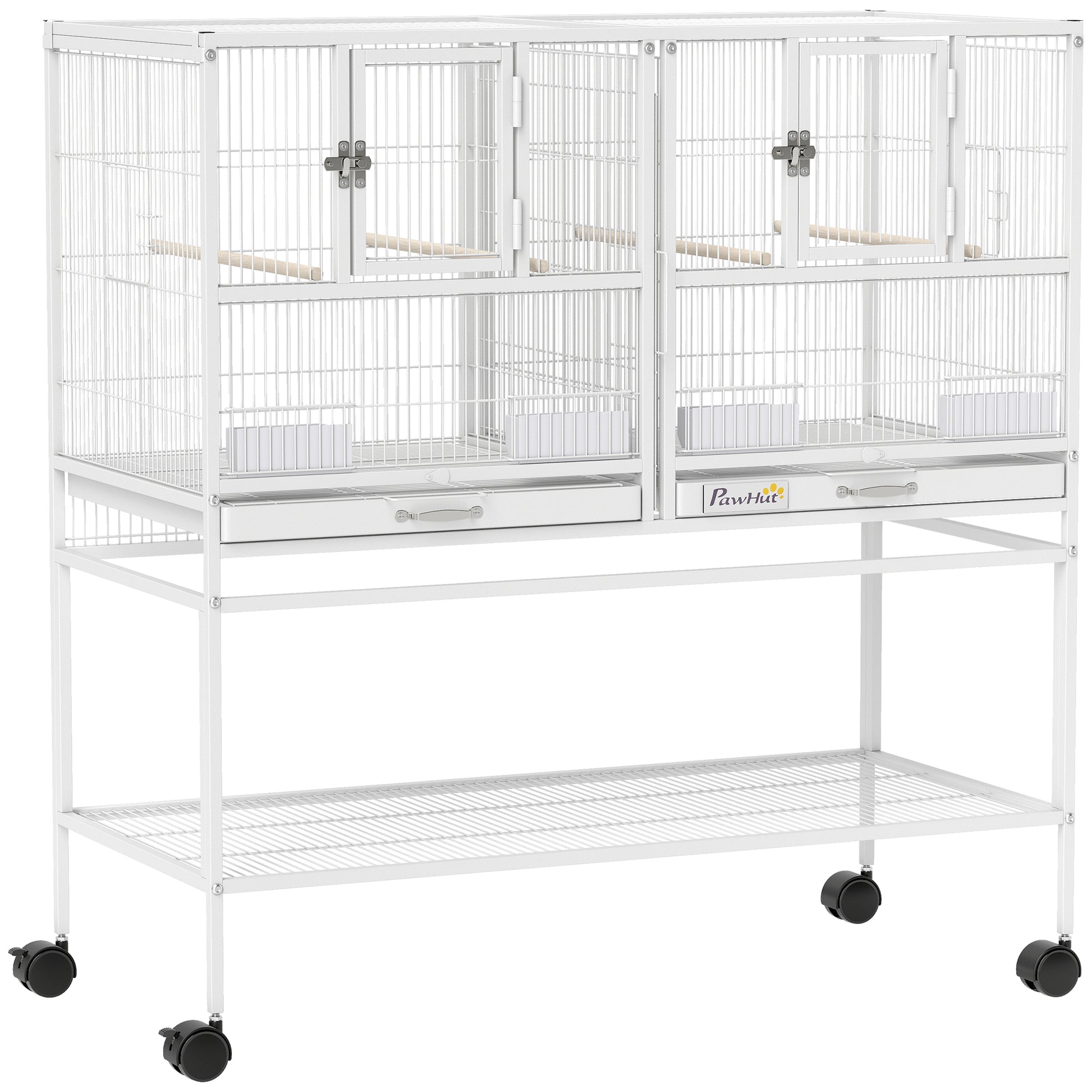 Pawhut Jaula Para Pájaros Con Ruedas Comederos Estante 95x45,5x102 Cm Blanco_0