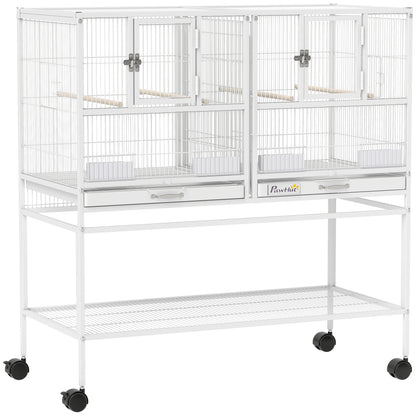 Pawhut Jaula Para Pájaros Con Ruedas Comederos Estante 95x45,5x102 Cm Blanco_0