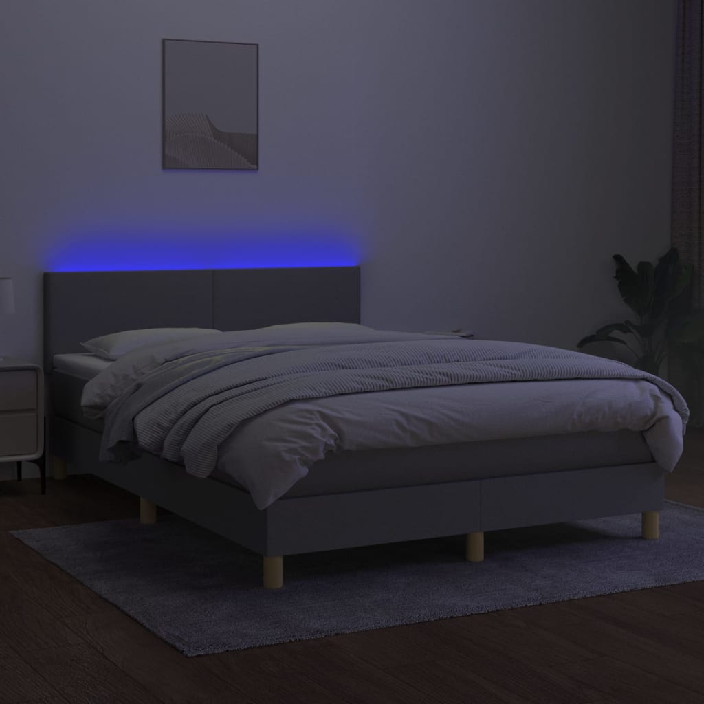 Cama Box Spring Colchón Y Luces Led Tela Gris Claro 140x190 Cm / Vetonek_3