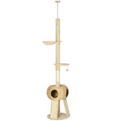 Pawhut Árbol Para Gatos De Suelo A Techo De 225-255 Cm Con Cueva Hamaca Beige_0