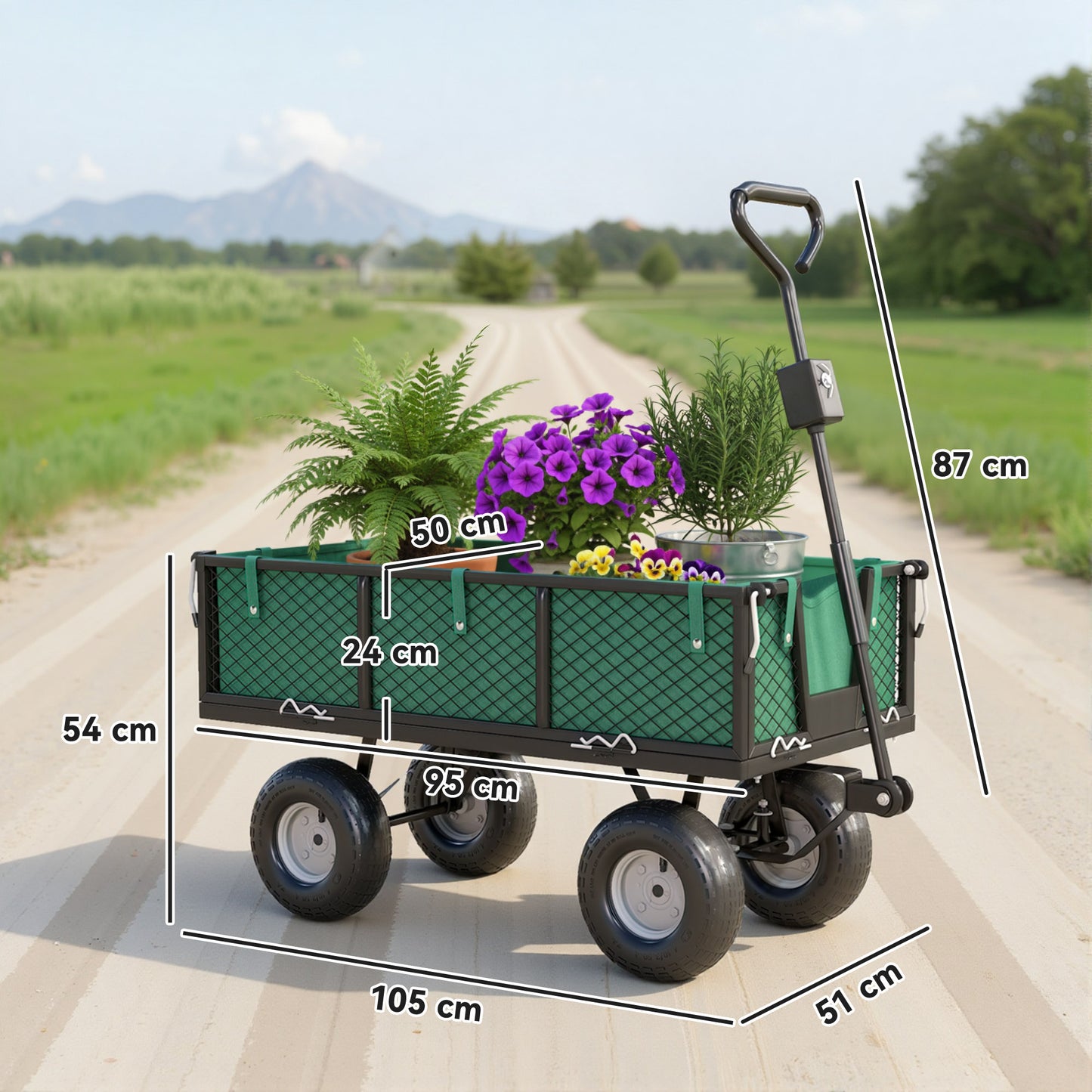 Outsunny Carrito De Jardín Con Ruedas Grandes Asa Ajustable Carga 300 Kg Verde_2