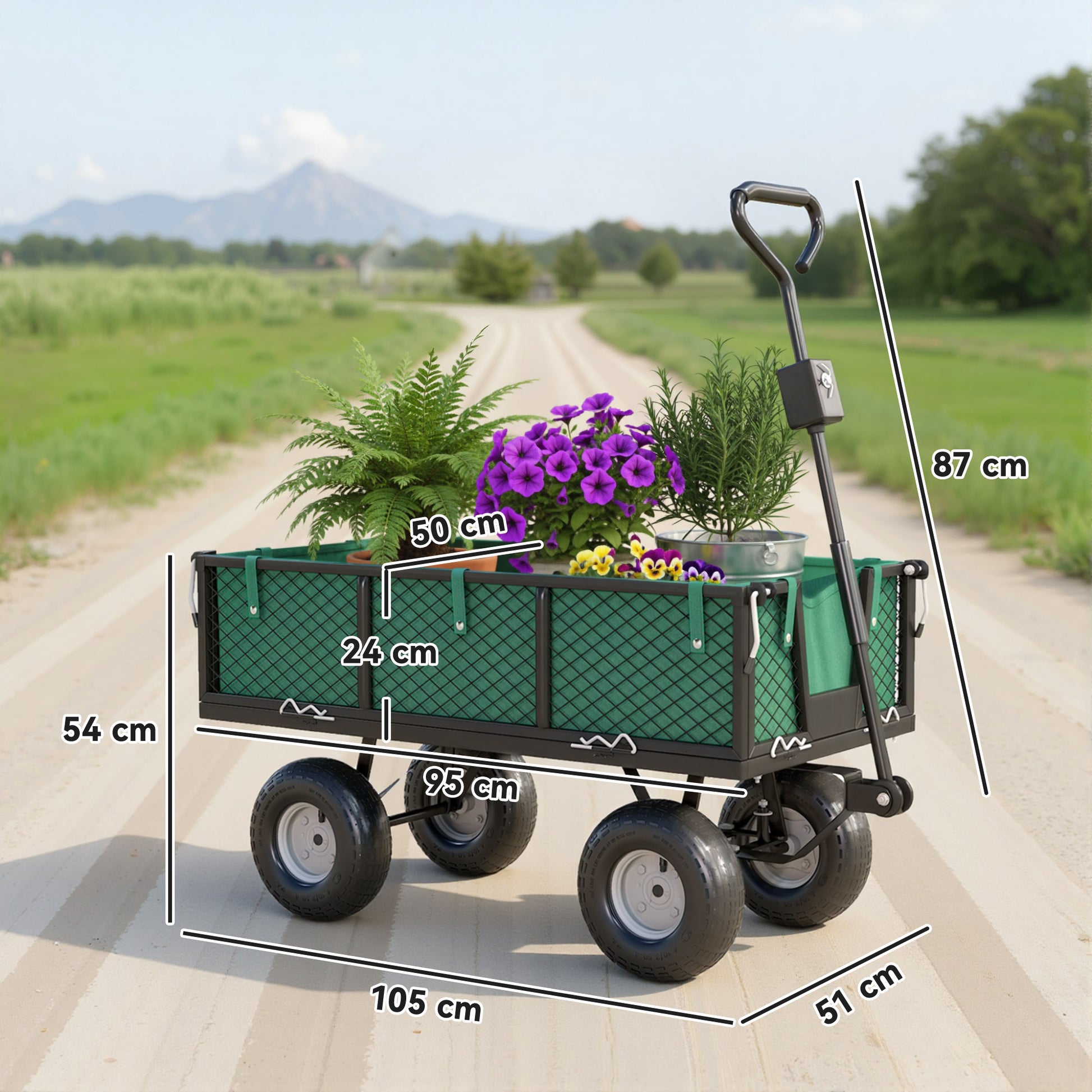 Outsunny Carrito De Jardín Con Ruedas Grandes Asa Ajustable Carga 300 Kg Verde_2