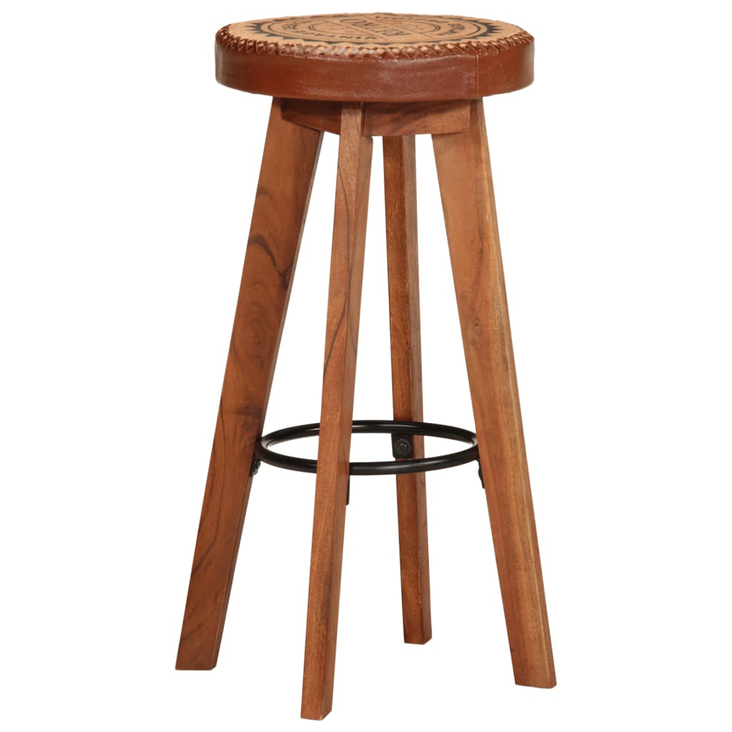 Taburetes De Cocina 2 Uds Cuero Auténtico Madera Maciza Acacia_0