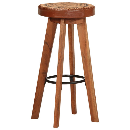 Taburetes De Cocina 2 Uds Cuero Auténtico Madera Maciza Acacia_0