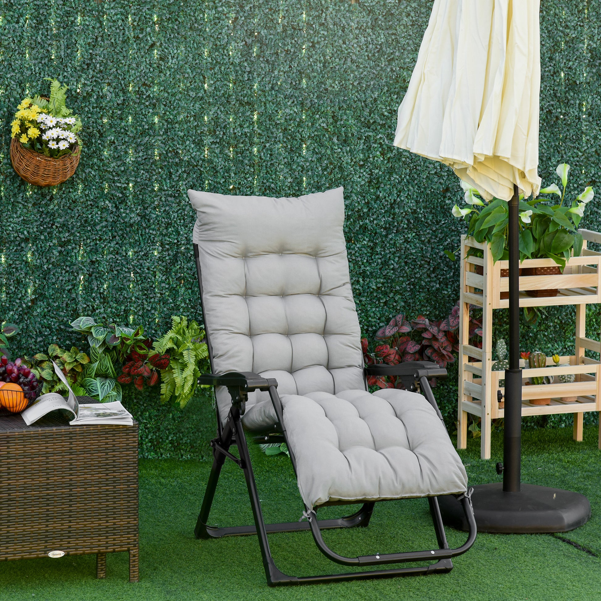 Outsunny Tumbona Plegable Cojín Extraíble 90x65x110cm 120kg Jardín Gris_4