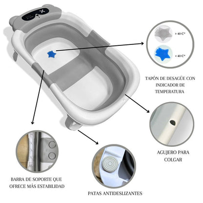 Bathby Bañera Plegable Para Bebés Recién Nacidos, Cojín Oso, Termómetro, Patas Antideslizantes (gris Oso)