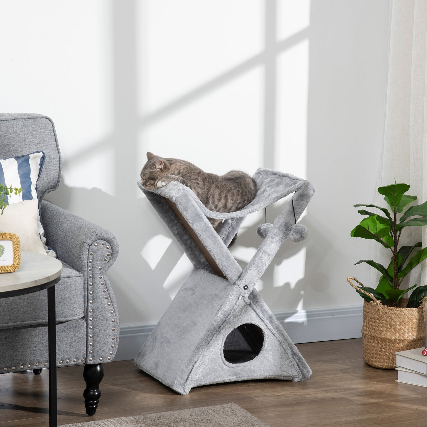 Pawhut Árbol Rascador Plegable Para Gatos Con Cueva Hamaca Bolas Colgantes_1