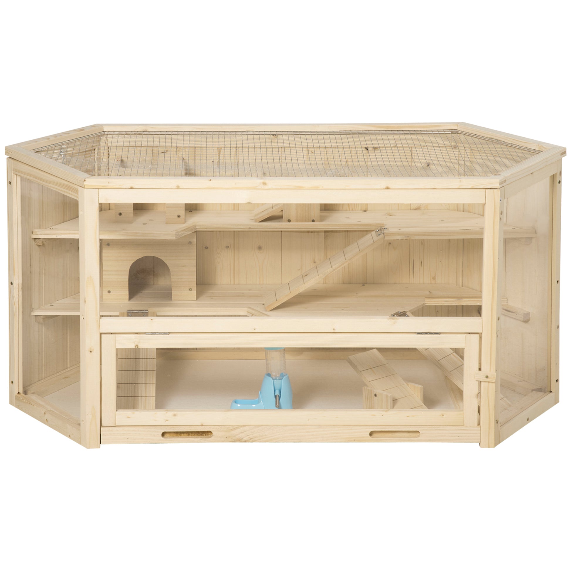 Pawhut Jaula De Madera Para Hámster 115x60x55 Cm Con 3 Niveles Techo Abatible_0