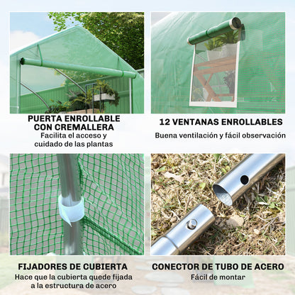Outsunny Invernadero De Túnel 8x3x2 M Con 12 Ventanas Cubierta Pe Cultivo Verde_4