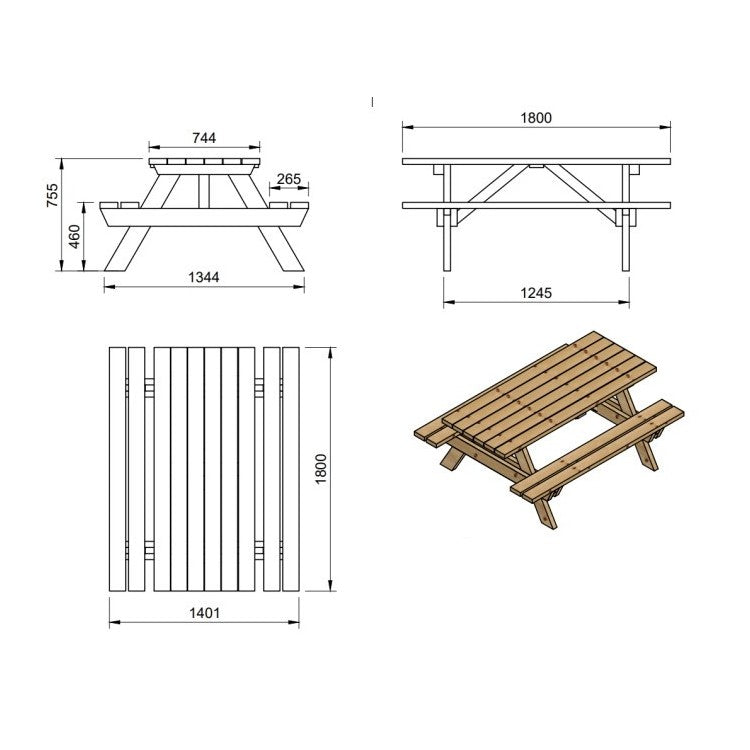 Mesa De Picnic Masgames Munich L 180 Cm Largo Madera Sin Pintar Mesa Sin Respaldo.