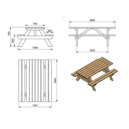 Mesa De Picnic Masgames Munich L 180 Cm Largo Madera Sin Pintar Mesa Sin Respaldo.