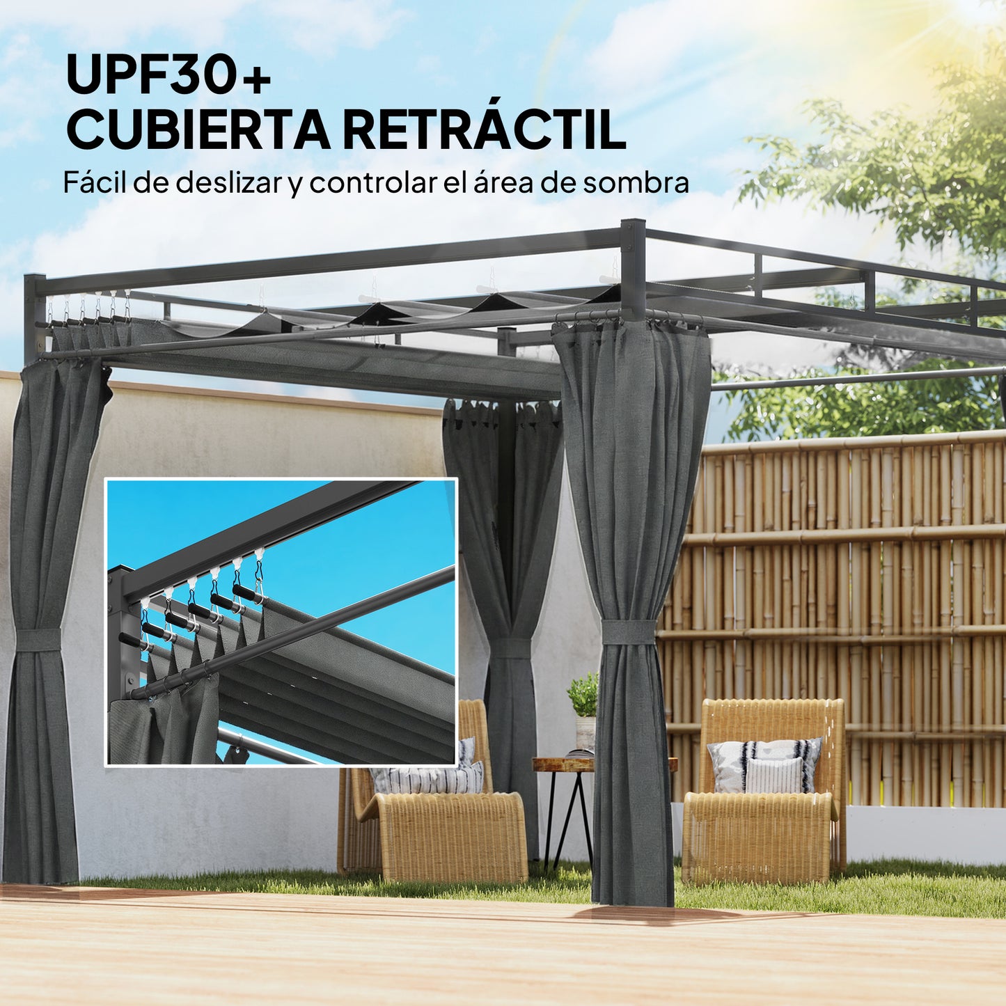 Outsunny Pérgola De Jardín 3x3 M Con Techo Retráctil Y 4 Cortinas_3