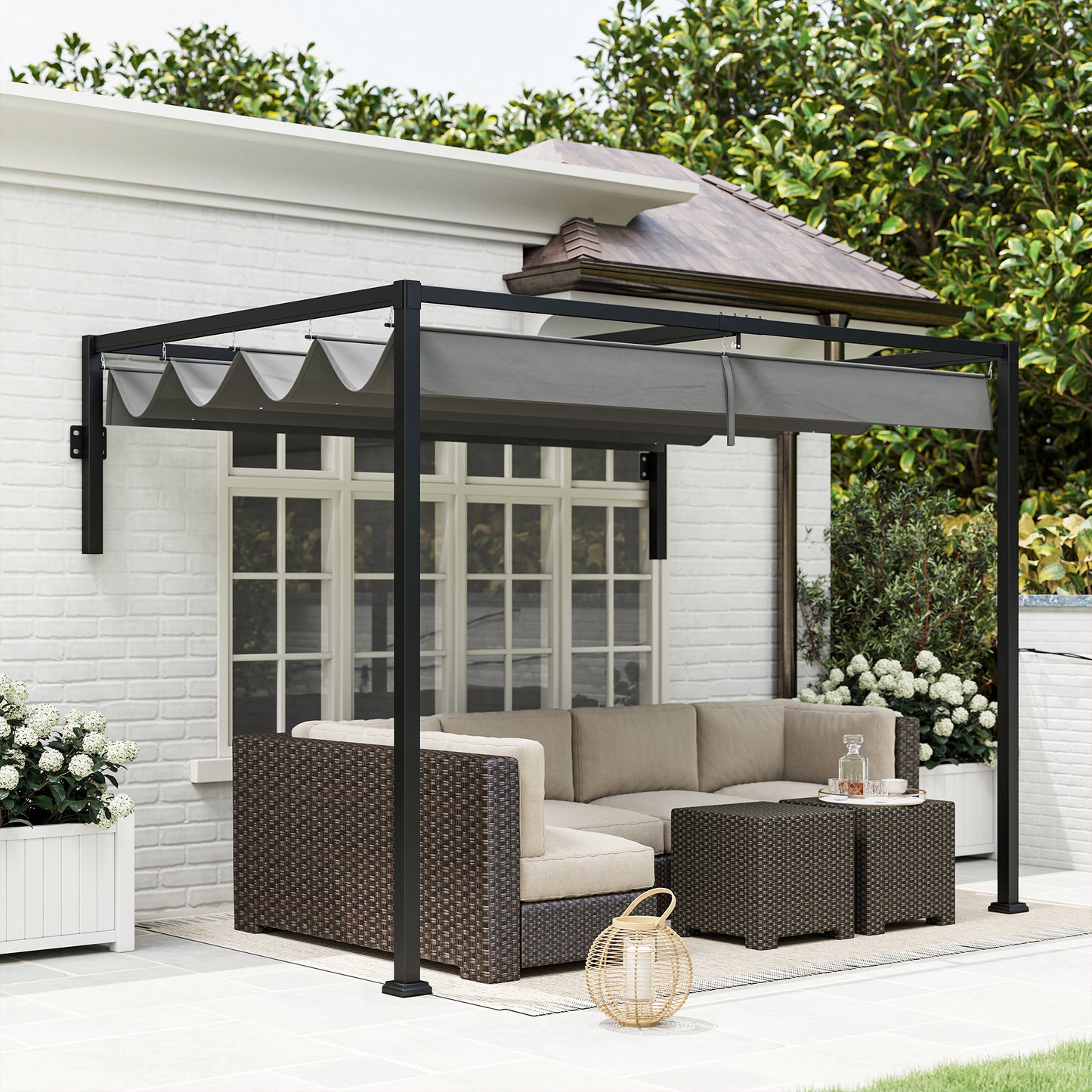 Outsunny Pérgola De Pared 297x211x220 Cm Con Techo Retráctil Para Patio Gris_4