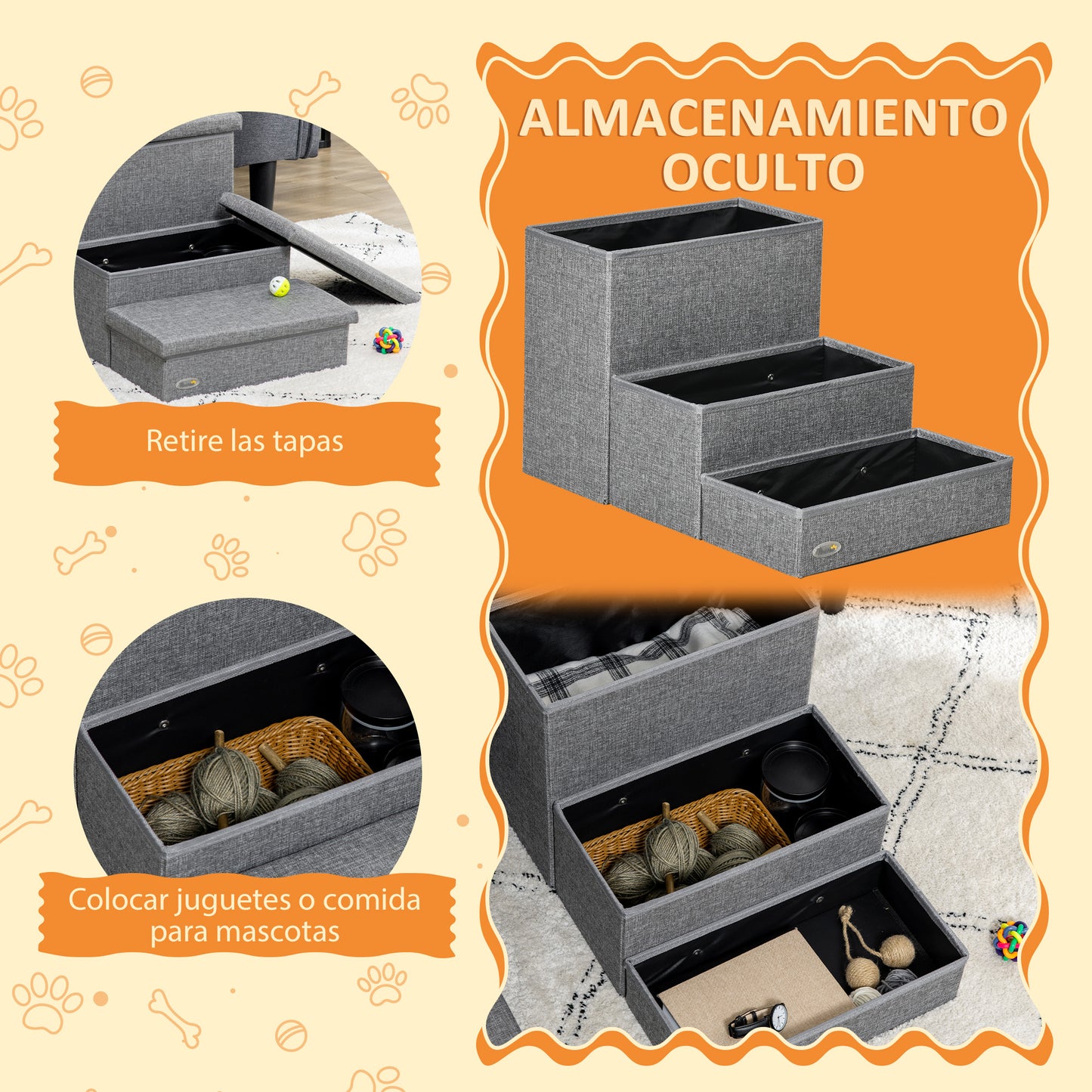 Pawhut Escalera Para Mascotas De 3 Peldaños Con Espacio 63,5x42,5x40,5 Cm Gris_4