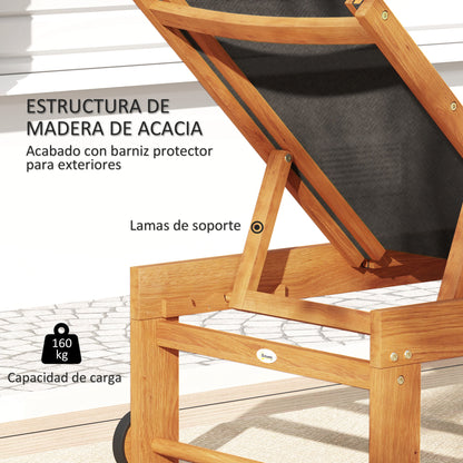 Outsunny Tumbona De Madera De Acacia Con Ruedas Respaldo Ajustable Negro_5