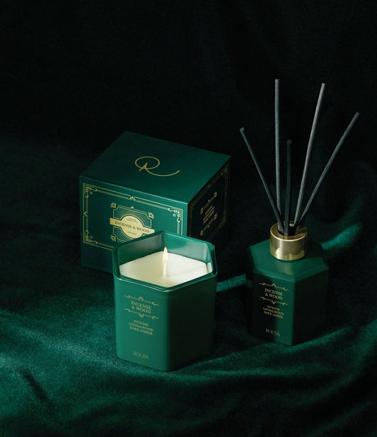 Pack vela y ambientador Incense & Wood Roura Incienso, madera de sándalo & Dark Amber