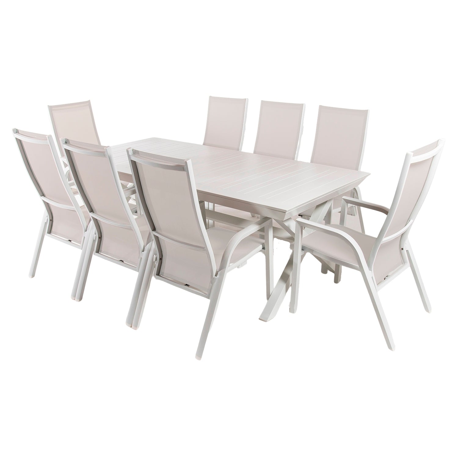 Conjunto De Mesas Y Sillas Sillones Reclinables Hidraulicos, Extensible Y Versatil, Aluminio Y Textilene, Color Blanco_0