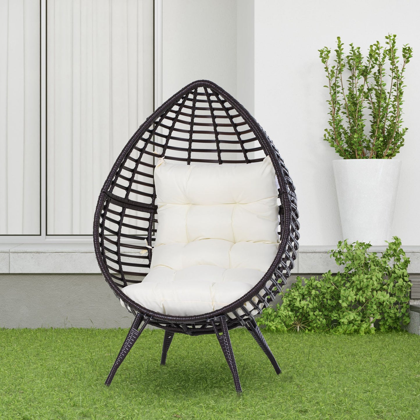 Outsunny Sillón De Exterior De Ratán En Forma De Lágrima Con Cojín Marrón Crema_1