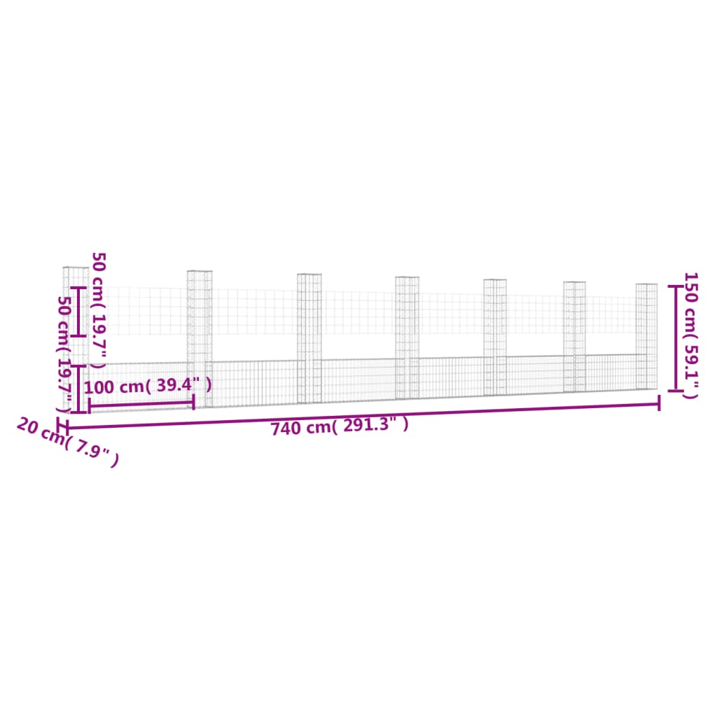 Cesta De Gaviones Forma De U 7 Postes De Hierro 740x20x150 Cm / Vetonek_2