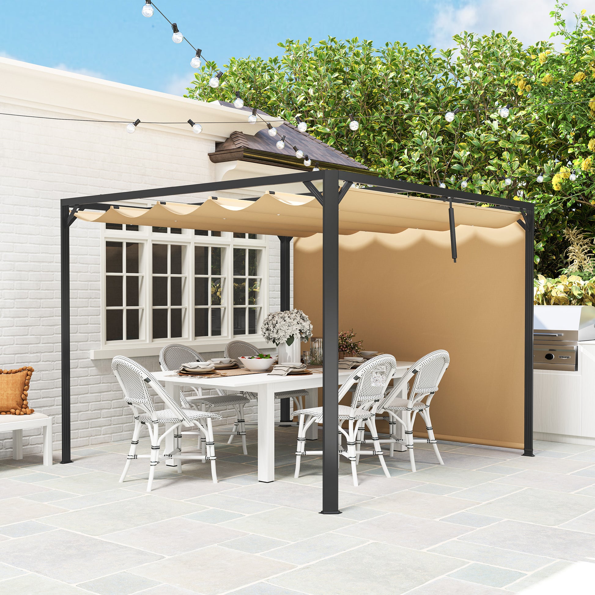 Outsunny Pérgola 3x3 M Con Techo Retráctil Y Cortina Enrollable Caqui_3