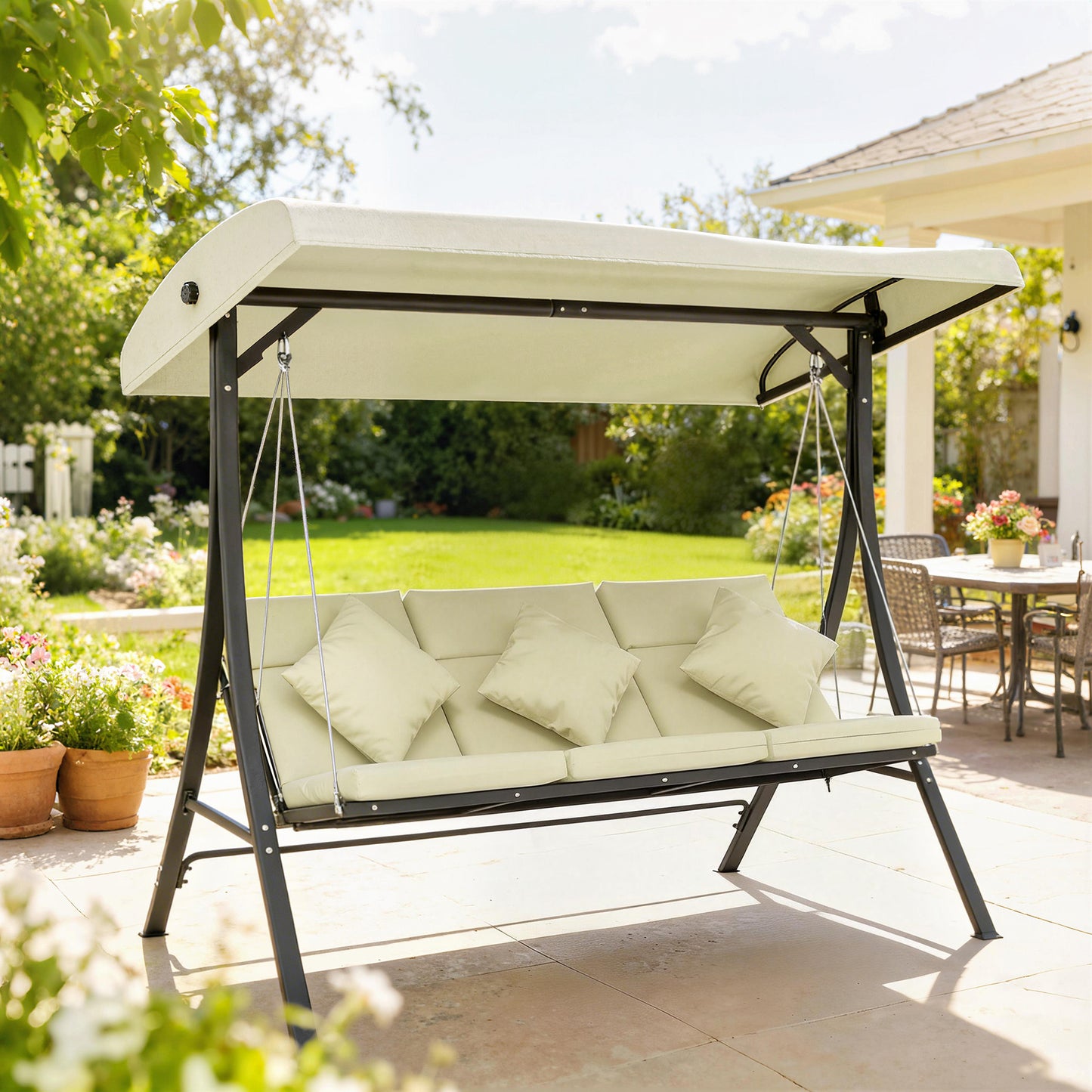 Outsunny Columpio De Jardín De 3 Plazas Con Techo Ajustable 202x115x168 Cm Beige_1