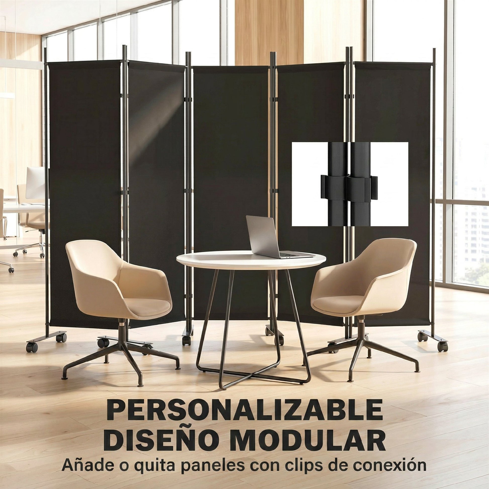 Outsunny Biombo Plegable De 5 Paneles Con 12 Ruedas 252x170 Cm Negro_5