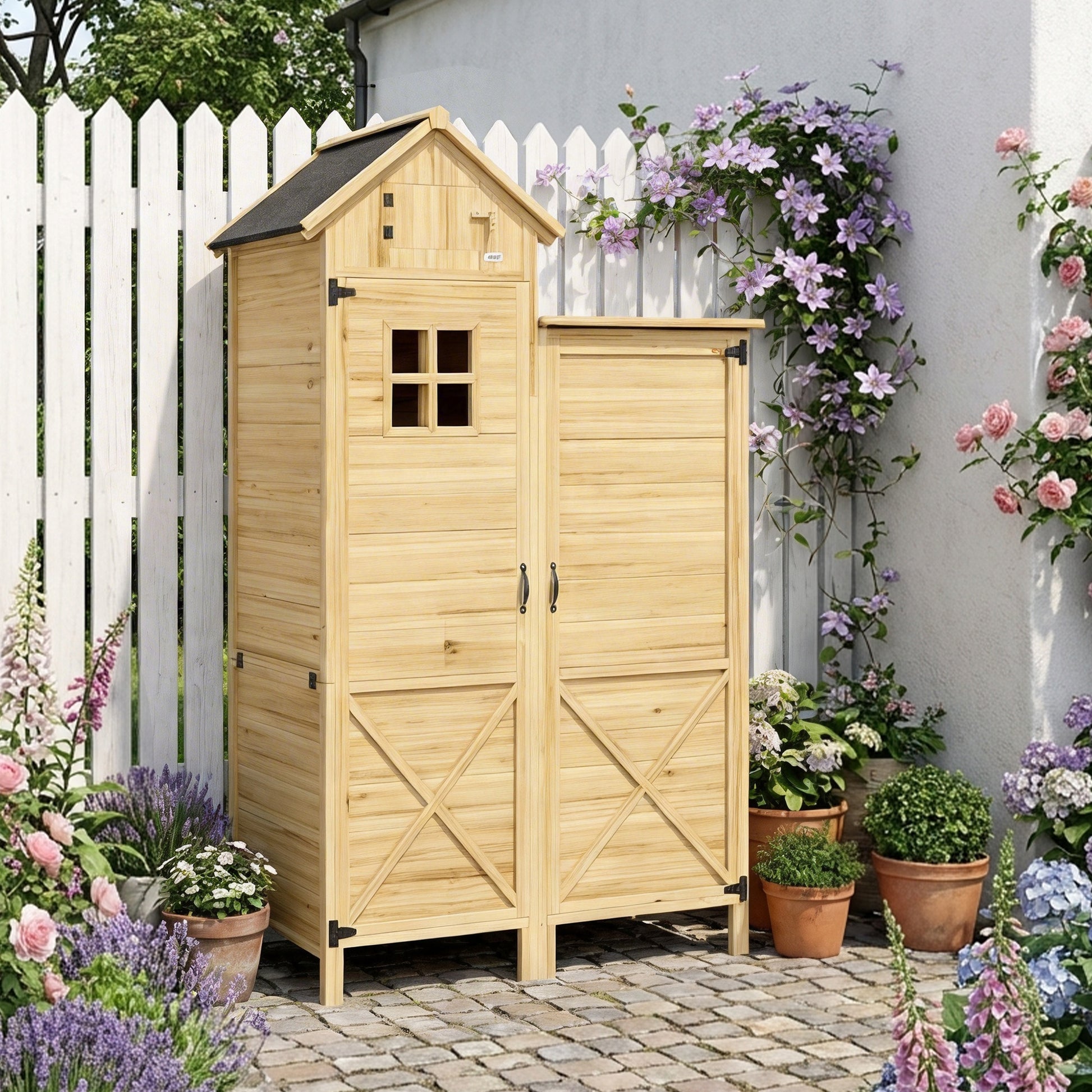 Outsunny Caseta De Jardín De Madera 106x57x167 Cm Con Doble Zona Y 2 Estantes_4