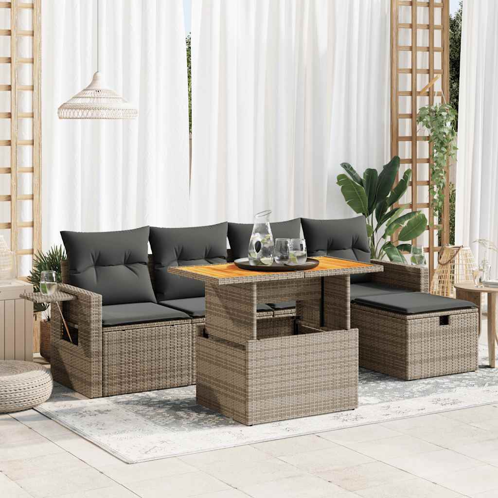 Set Sofás Jardín Y Cojines 6 Pzas Ratán Sintético Acacia Gris / Vetonek_4
