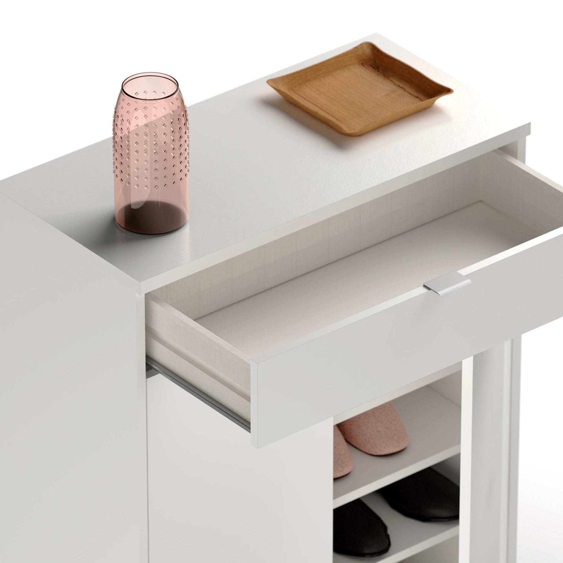 Zapatero Entrada Recibidor, Mueble Auxiliar Estrecho Zapatos, 2 Puertas, 1 Cajón 101x75x36 Cm, Briebe, Domus, Blanco