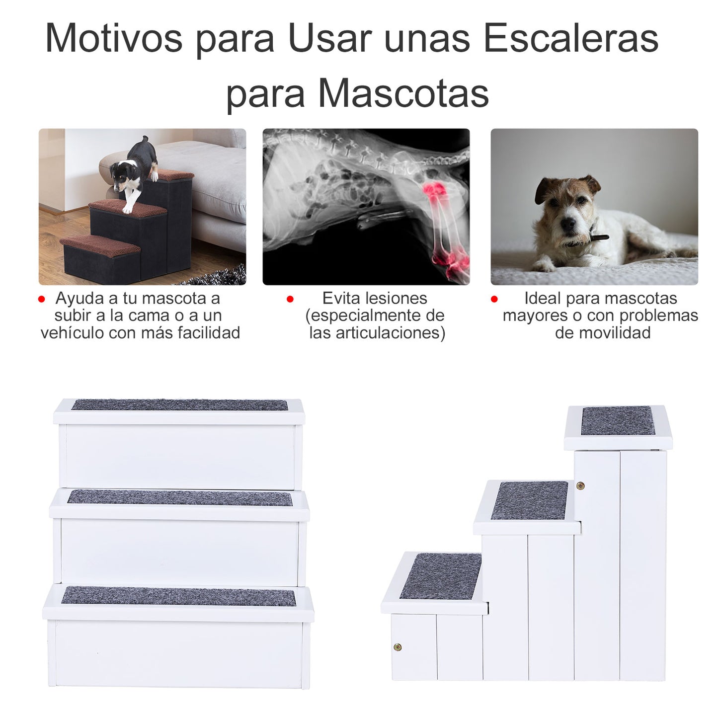 Pawhut Escalera Para Mascotas Almacenaje 3 Peldaños Alfombrado Portátil Madera_4