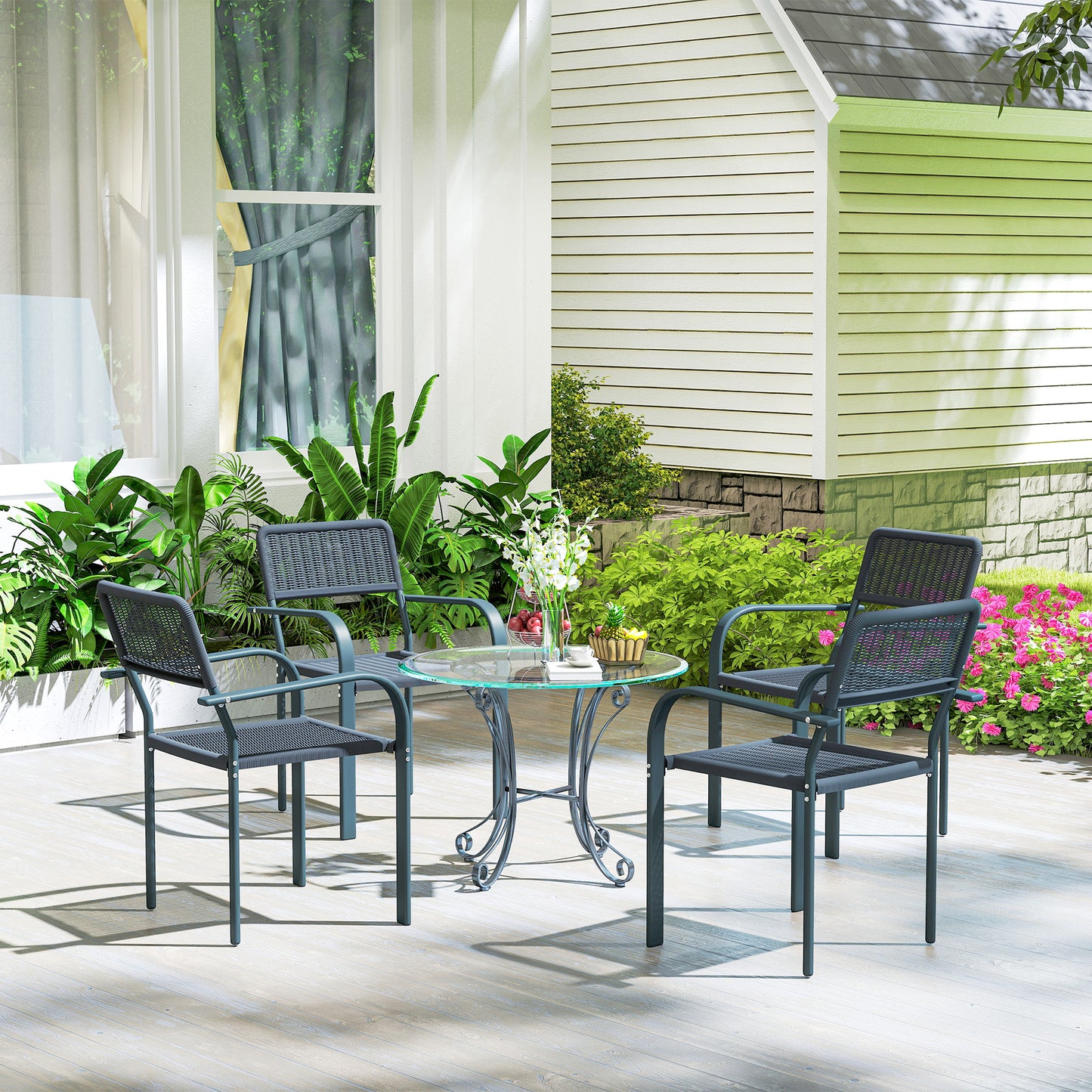 Outsunny Juego De 4 Sillas De Jardín Exterior Apilables 55x60x83 Cm Gris_4