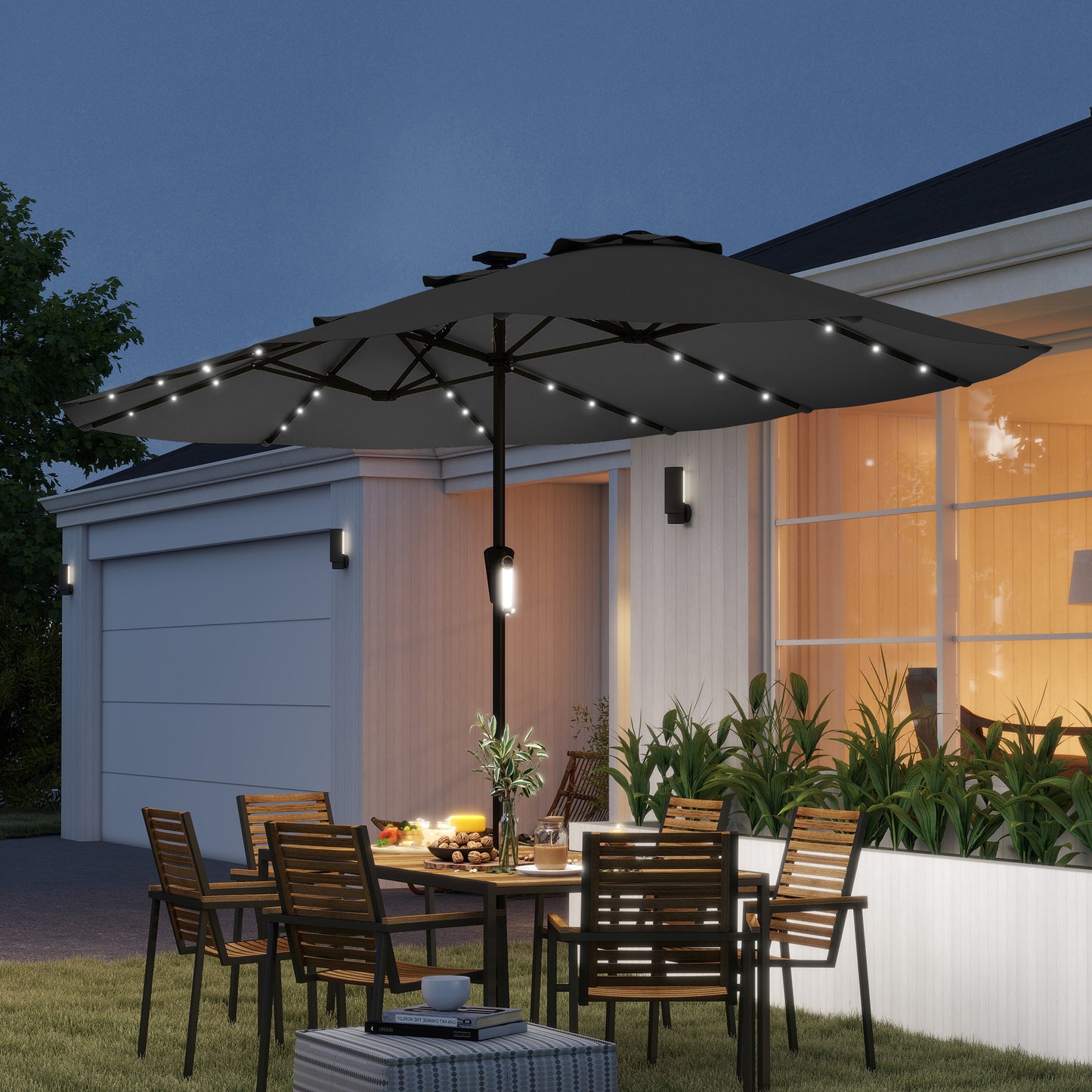 Outsunny Sombrilla Doble 4x2 M Con 36 Luces Led Manivela Upf50+ Gris Oscuro_1