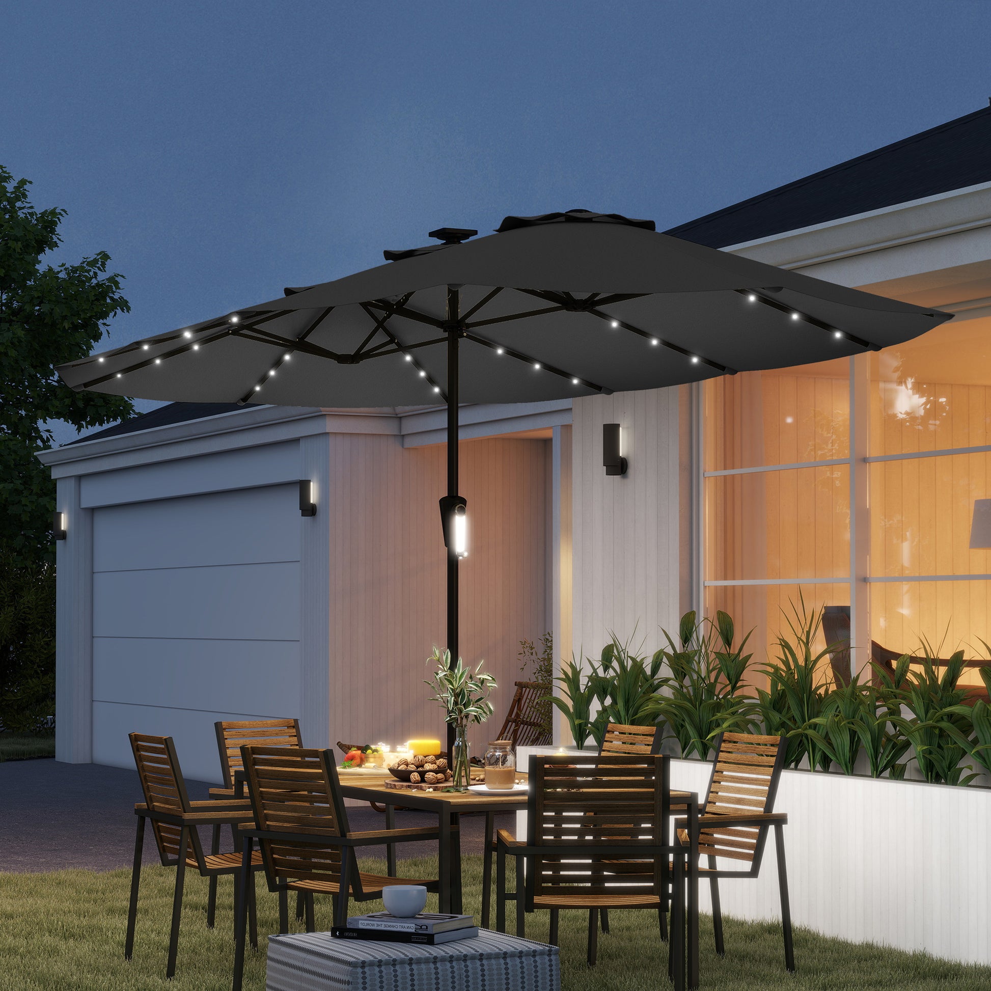 Outsunny Sombrilla Doble 4x2 M Con 36 Luces Led Manivela Upf50+ Gris Oscuro_1