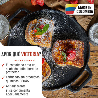 Victoria Plancha Cocina Hierro Fundido Esmaltado Parrilla Reversible 32cm, Fuego Barbacoa Sin Ptfe, 38007, Negro_1