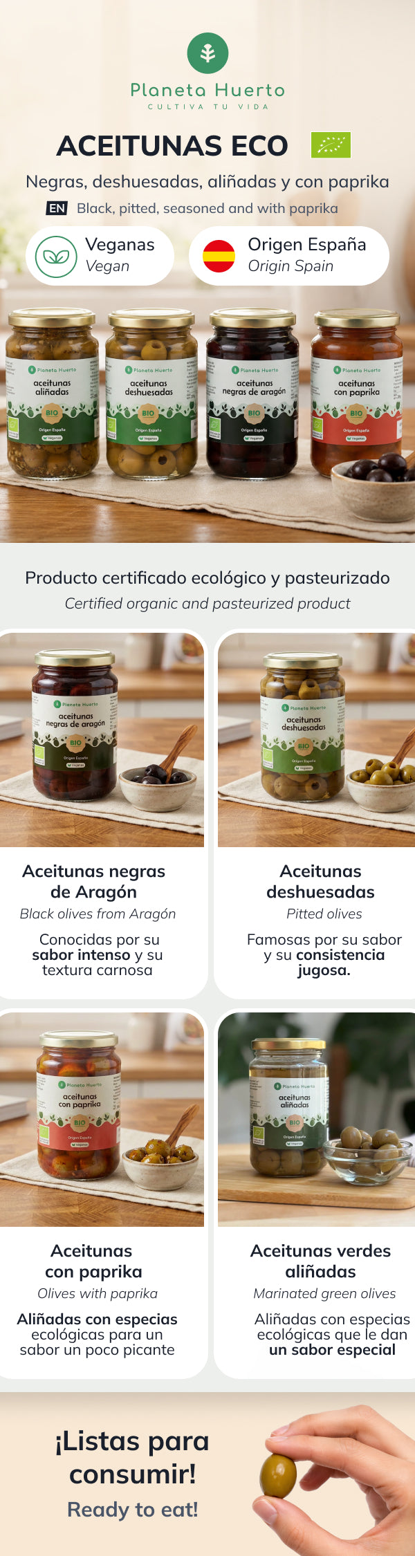 Aceitunas verdes aliñadas Eco Planeta Huerto 390g