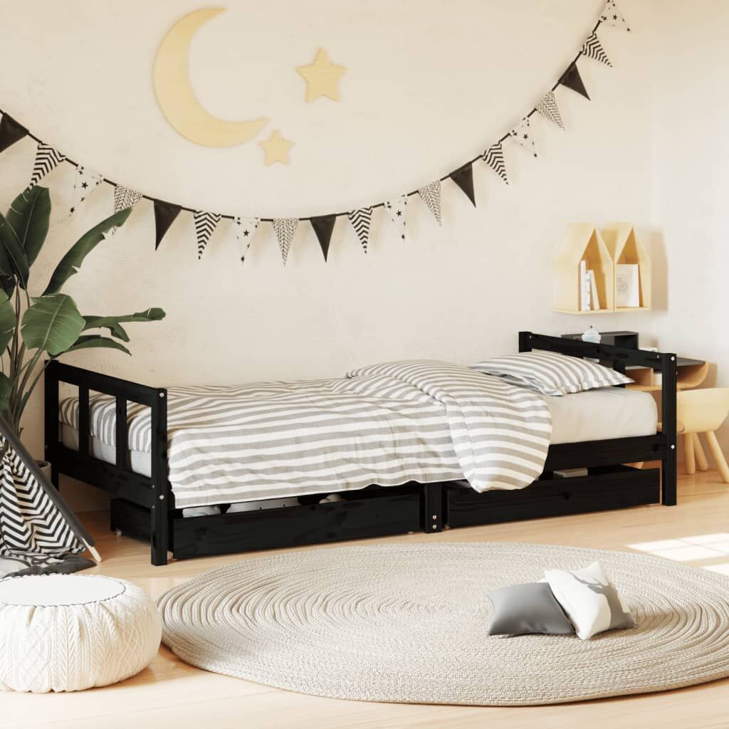 Vidaxl Estructura De Cama Niños Con Cajones Madera Pino Negro 90x200cm_1