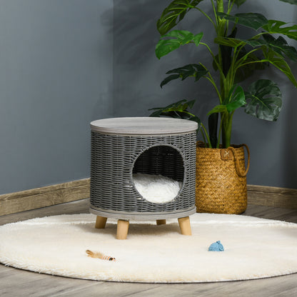 Pawhut Cueva Para Gatos Ratán Ø36x40,5cm Cojín Lavable Patas De Madera Extraíble_4