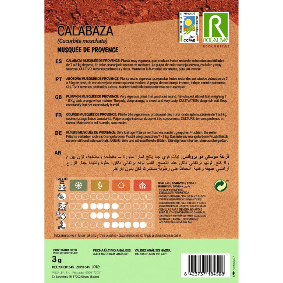 Semillas de calabaza musquee de provence ecológicas Rocalba