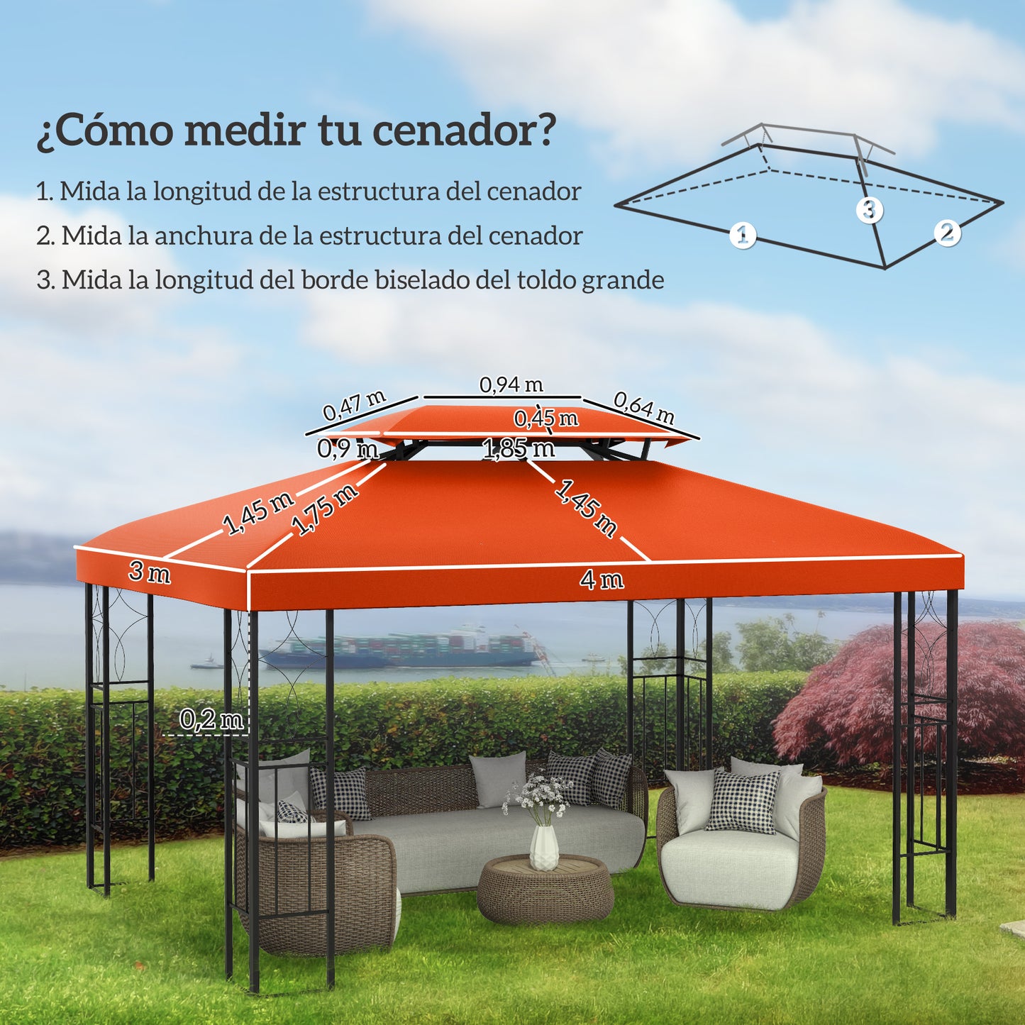Outsunny Techo De Repuesto 4x3 M Para Cenador Jardín Exterior 2 Niveles Rojo_2