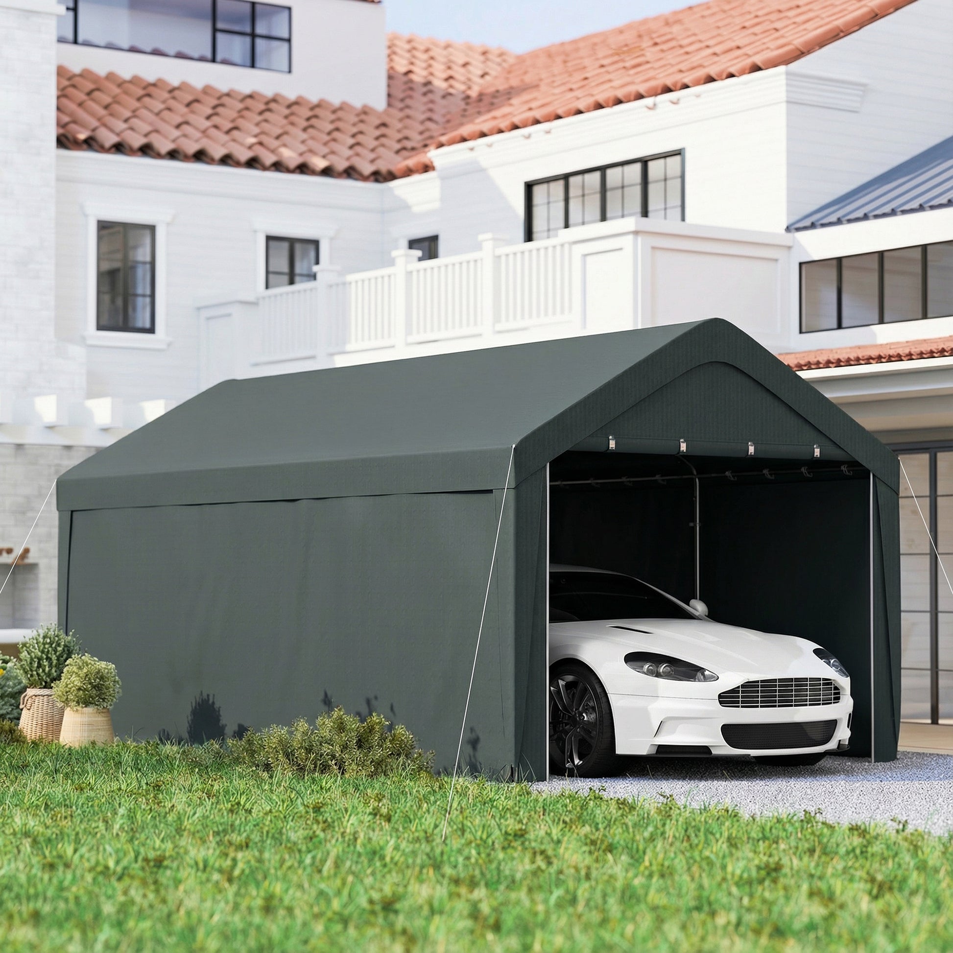 Outsunny Carpa Garaje 3x6 M Impermeable Con Paredes Laterales Desmontables Gris_1