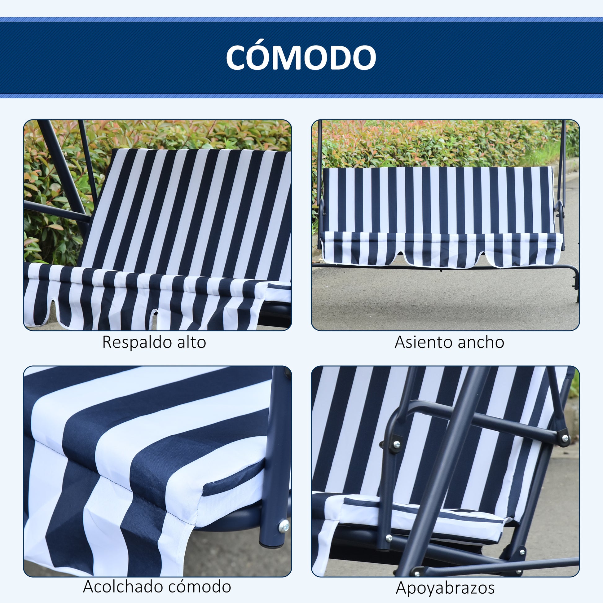 Outsunny Columpio Balancín De Jardín De 3 Plazas Con Techo Ajustable Raya Azul_5